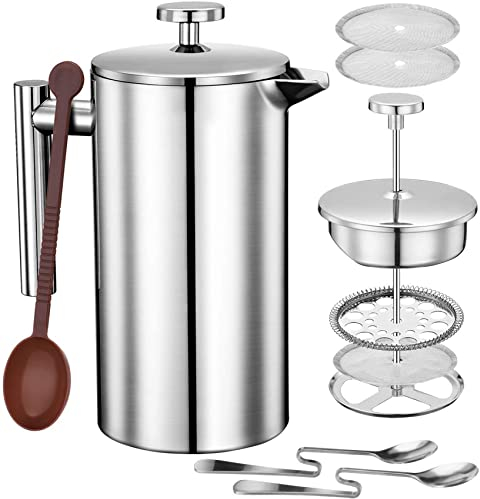 LoBalay French Press Coffee, 1000ML 8 Cups Coffee Maker Double Wall Stainless Steel Insulated, Tea or French Press Cafetière Kettle with Measure Scoop for Home Office Camping, 34oz