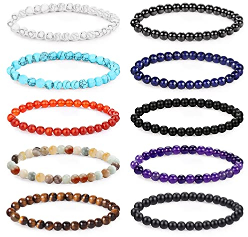 CASSIECA 10 Stück 6 mm Naturstein Perlenarmbänder für Herren Damen Winziger Schotter Naturstein Elastisch Armband Charme Perlen Paare Stretch Armbänder Schmuck