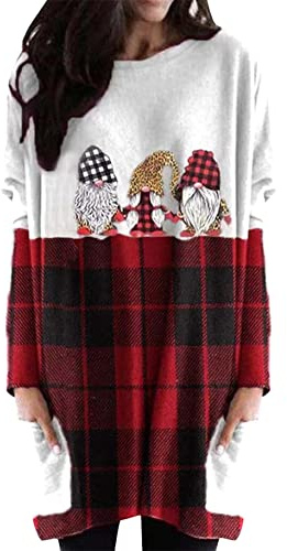 YMING Weihnachtspullover für Damen, Rundhalsausschnitt, langärmelig, Pullover für den Winterurlaub mit Taschen, Bunte Weihnachtsmütze, 3XL
