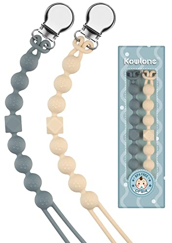 Kowlone Catenella Portaciuccio Silicone Ciuccio Clips Catena Succhietto per Ragazzi Ragazze Regalo Nascita Battesimo Baby Compleanno Natale 2 Pezzi(Beige,Grigio)