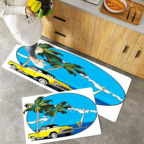 Küchenteppich Teppich Läufer Küchenläufer 2 Stück rutschfest,Retro, nostalgisches Chevy Auto des Grafikdesigns und ein Seemann-Kerl in der Ozean-Palmen, Waschbar für Flur Küche 40 x 100 cm+40 x 60 cm