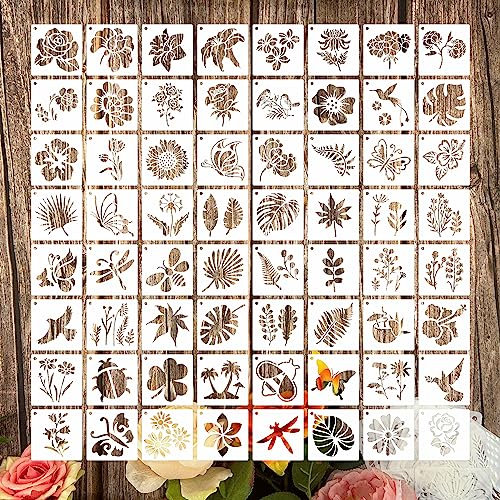 Lot de 64 pochoirs à fleurs pour peinture, 7,6 cm, pochoirs réutilisables en plastique pour peinture sur bois, mur, carrelage, décoration d'intérieur