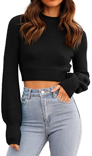 GeGekoko Womens Jumpers Sweatshirt Sexy Crew Neck Cropped Sweaters Ribbed Knit Long Sleeve Crop Tops Pullover Black
