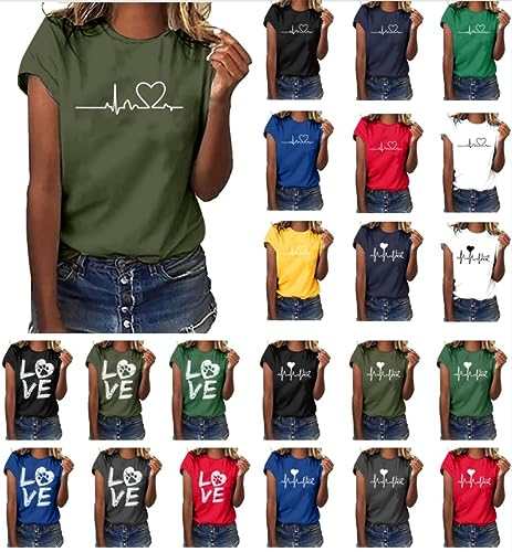 Tshirt Damen Lässige Elektrokardiogramm Druck Oberteile Herzschlagkurve Pullover T-shirt Einfarbiges Basic Shirt Rundhals Kurzarm Sommer Tops Lockere All-Match Tunika Bluse Laufshirt Sportshirt