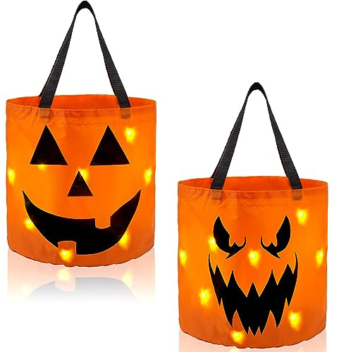 JOYIN 2 Stück Halloween-Süßes-oder-Saures-Tüten, 25,4 x 30 cm, LED-Licht, orangefarbene wiederverwendbare Süßigkeiten-Eimer für Kinder, Süßes oder Saures, Halloween-Geburtstagsparty-Geschenkzubehör