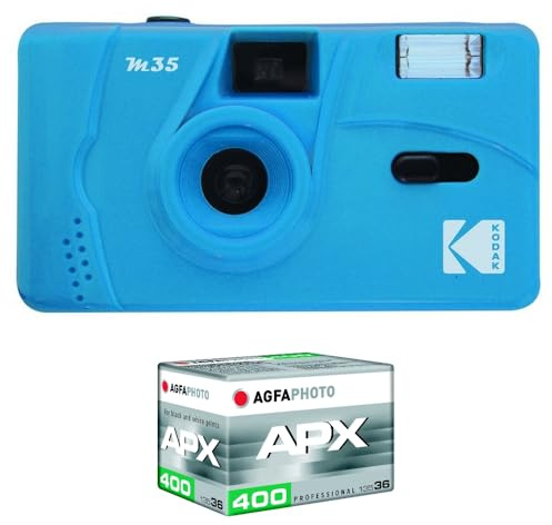 KODAK Pack M35 Argentique + Pellicule 100 ASA - Appareil Photo Kodak Rechargeable 35mm Cerulean Blue, Objectif Grand Angle Fixe, Viseur optique , Flash Intégré + Pellicule APX 100, 36 poses