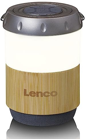 Lenco BTL-030BA Lampe Bluetooth avec Haut-Parleur, IPX4, 40h autonomie, Design Bambou, 3W RMS, lumière LED réglable, poignée de Transport, extérieur, Camping, Jardin, Bluetooth 5.3