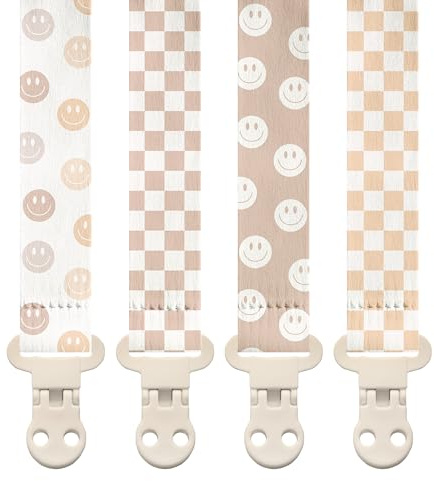 Stadela Baby Pacifier Clip Holder - Girl or Boy Unisex 4 Pack Gift Set - Retro Checker and Smiley Faces Design