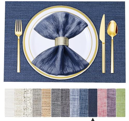 BETEAM Platzsets Abwaschbar 8er Set Vinyl Tischsets für Esstisch Waschbar Küchen Platzdecken Langlebige Tischsets für Drinnen Draußen-01 Navy Blau, 8er Set