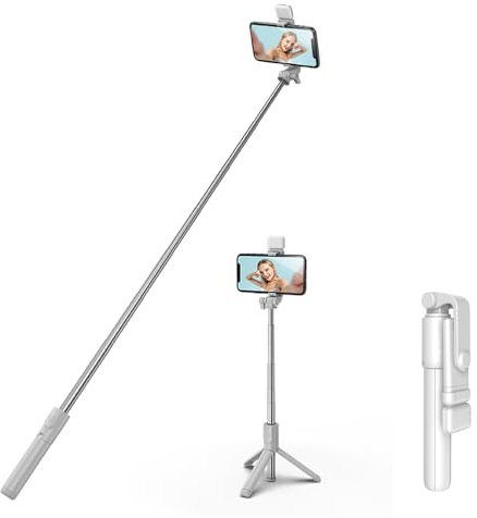 H.May Palo Selfie con Luz, Trípode Extensible para Teléfono con Control Remoto, Palo Selfie Trípode Reforzado Estable Compatible con iPhone y Android, Vlogueo, Transmisión, TikTok, Youtube, Blanco