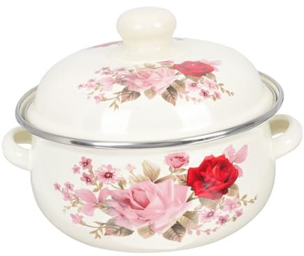 LIFKOME Pentola Smaltata a Doppia Spiga 2L Acciaio Smaltato Antiaderente Casseruola con Coperchio Pentole in Ceramica Vintage
