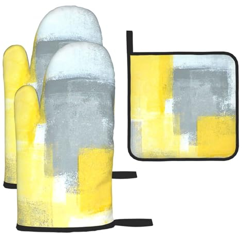 Grey And Yellow Abstract Art Painting Heat-Resistant Oven Gloves And Pot Holders.With Lanyard,Waterproof And Durable. Used In Kitchen,Barbecue And Baking.
