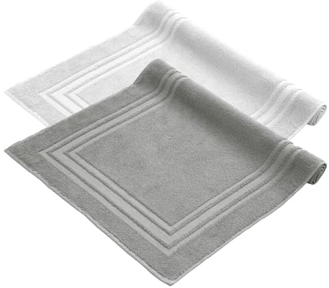Komfortec Badvorleger Set 2 Teilig, Frottee Duschvorleger, Waschbar Duschmatte & Badteppich, 600 g/m² &100% Baumwolle, Saugfähig & Schnelltrocknend, 50 x 70 cm, Silber Grau/Weiß