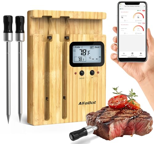 AlfaBot K1 Termometro Intelligenti a 2 Sonde, 150m Bluetooth Lunga Portata, Termometro da Carne senza Fili, APP Controllo, per Cucina, Forno, Barbecue, Affumicatore, Rotisserie ect.