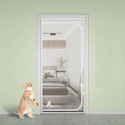 Custom Size Cat Screen Door Anti Fly Mesh Door Curtains with Zip for Bedroom, Piano Room, Balcony, Greenhouse, Prevent Dogs Cats Running Out from Home (D-Zipper Opening,White)