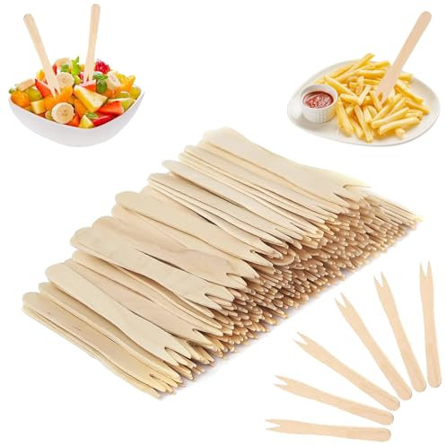Lot de 200 fourchettes à frites, jetables, en bois naturel, biodégradables, pour pique-nique, camping, fête, anniversaire, 85 mm