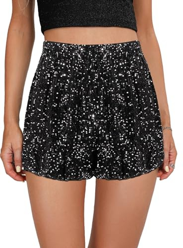 Segreto Damen Mode Glitzer Pailletten Shorts High Taille Gerade Bein Shorts Disco Club Festival Rave Kostüm Tanz Shorts