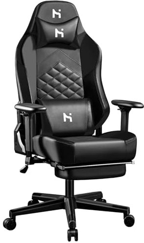 HLONONE Gaming Stuhl, Ergonomischer Bürostuhl, Rückenlehne verstellbar 90-165°, Gamer Stuhl mit Kopfstütze, Lendenkissen und Armlehnen, PC Stuhl Höhenverstellbar, Schwarz