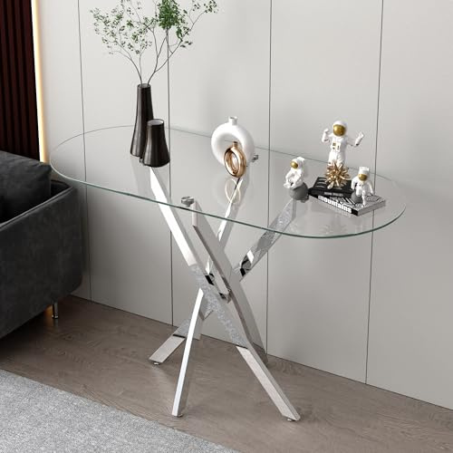 GOLDFAN Konsolentisch aus Glas, moderner zeitgenössischer Stil, Flurtisch mit verchromten röhrenförmigen Beinen, Foyertisch für Eingangsbereich, Wohnzimmer, Büro, rechteckig mit abgerundeten Enden