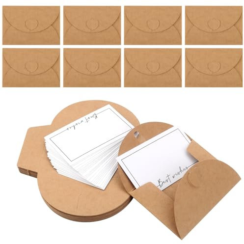30 Stück Mini Briefumschläge mit Karten, Kleine Briefumschläge Mini Kraftpapier, Umschläge Vintage, Klein mit Herz Verschluss für DIY Dankeskarten Einladung Geschenkkarten
