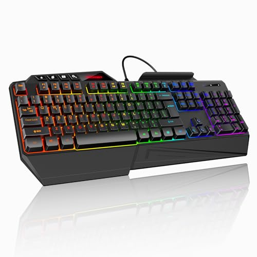 TECKNET Wired Gaming Keyboard, 26-Key Anti-Ghosting RGB Keyboard, Ergonomic Design with Phone Holder & Wrist Rest, Dedicated Shortcut Keys & Spill-Resistant Backlit Keyboards for PC/PS5/Xbox(White)