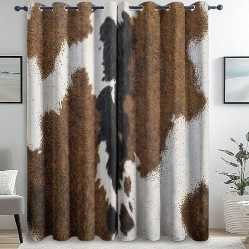 Blickdichte Vorhänge mit Ösen Textur Kuhfell Nahaufnahme H 160 x B 70 cm (2er Pack) Verdunkelungsvorhang Kälteschutz Vorhänge Dekoschal Deko Gardinen für Schlafzimmer Wohnzimmer Braunes Weiß