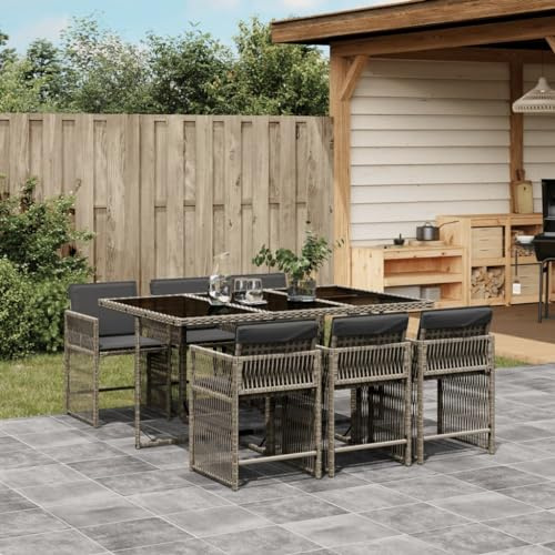 IKAYAA Gartenmöbel Set Rattan 6 Personen Garten sitzgruppe 6 Personen Gartentisch Set mit 6 stühlen Sitzgruppe Outdoor Balkon Möbel wetterfest Gartengarnitur mit Kissen-Grau-7-tlg