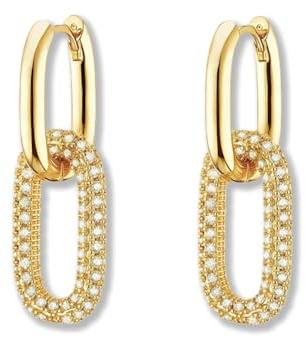 Kristall-Büroklammer-Ohrringe, 14 Karat Gold und versilberte Strass-Kettenglieder, baumelnde Kreolen