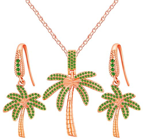 JunyiDIY Women’s Palm Tree Jewelry Set, Rose Gold Necklace and Earrings Tropical Beach Pendant Gift for Summer Beach Lovers & Travelers YA4830