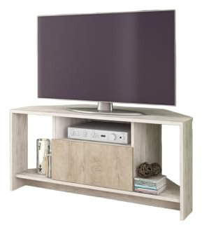 Mobile Porta TV Angolare, Design Moderno, 3 Vani a Giorno e Anta, Mobile per Soggiorno in Bianco Lucido, Rovere Bianco/Rovere Sbiancato e Rovere Chiaro/Grigio PTG3 (Rovere Bianco/Rovere Sbiancato)