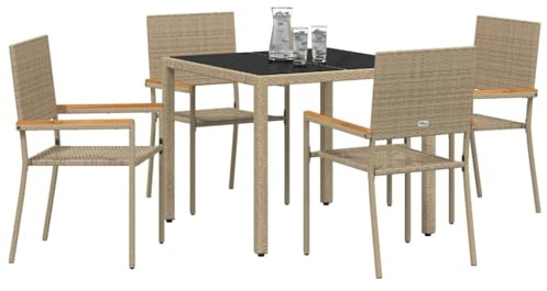 vidaXL Garden Dining Set 5 pcs Beige Poly Rattan, Stylish Outdoor Dining Set, Rectangular Garden Furniture, Modern Poly Rattan Patio, Durable Steel Frame Table, Acacia Armrest