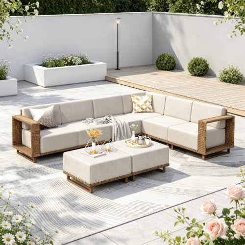 PHI VILLA Rattan Garden Furniture Sets with Thickened 25cm Cushions, 8 Seater L Shaped Outdoor Corner Sofa with 2 Ottomans, Modular Patio Lounge Set for Backyard, Beige