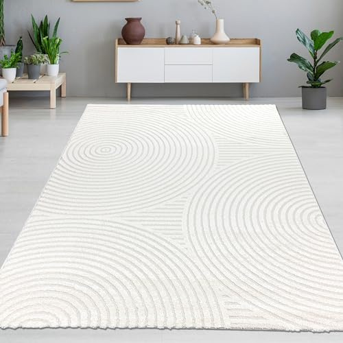 CARPETIA Moderner Hoch-Tief-Teppich Kreismuster Creme 160x230 cm | Weich, pflegeleicht, strapazierfähig und hautsympathisch, OEKO-TEX geprüft, für Fußbodenheizung & Wohnräume