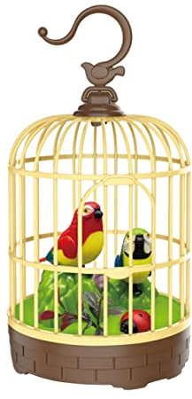 KBOLAE Singender Zwitscher-Vogel im Käfig, realistisches geräuschaktiviertes Zwitschern, Rot und Blau