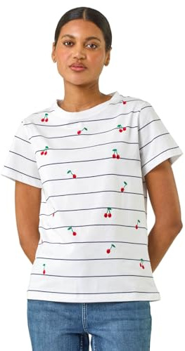 Roman Originals T-Shirt for Women UK - Ladies Tee Shirt Summer Top Holiday Day Causal Short Sleeve Blouses Round Crew Boat Neck Lightweight - Ivory Cherry - Size 18