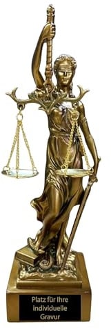Resin Justitia Figur 25 cm - Goettin der Gerechtigkeit mit Gravurschild | Edle Skulptur in Antik-Optik, Matt-Bronze Finish, ideal als Ehrenpreis fuer Kanzlei, Studium und Jubilaeum im Rechtswesen