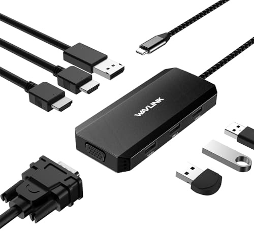 WAVLINK Station d'accueil USB C pour Ordinateur Portable Quad Moniteur, Adaptateur multiport 7 en 1 avec Double HDMI 4K, 4K DP, VGA, 3 Ports USB 2.0, pour HP/Lenovo/Thinkpad, Compatible avec Mac