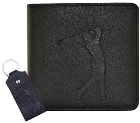 Genuine Leather Wallet & Keyring Gift Set – RFID Blocking – Football, Golf, Rugby, or Fishing Design – Gift Boxed– Perfect for Sports Lovers (Golf)