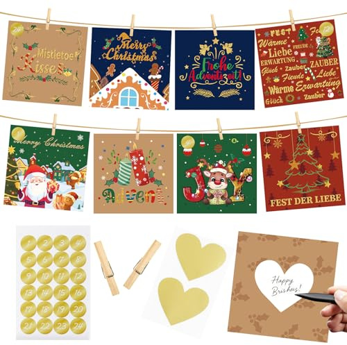 Adventskalender Rubbellos Karte,2025 Adventskalender Selber Machen | 24 Postkarten zum Gestalten,DIY Personalisierter adventskalender Karte Rubbel für Paar Freunde Familie,mit Aufklebern Clips
