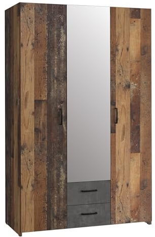 Forte ECONOBOX Kleiderschrank 120, rustikal, 3-türig, 2 Schubladen, Spiegel, Einlegeböden, Holzwerkstoff, Old Wood Vintage Holzdekor|Betonoptik Grau, 119,4 cm breit x 190,5 cm hoch x 54,4 cm tief
