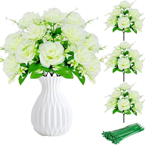 ZenyTra Lot de 3 paquets de roses blanches artificielles avec 10 serre-câbles – 38 cm de long avec 18 fleurs artificielles pour mariage, décoration intérieure et extérieure – Roses en plastique