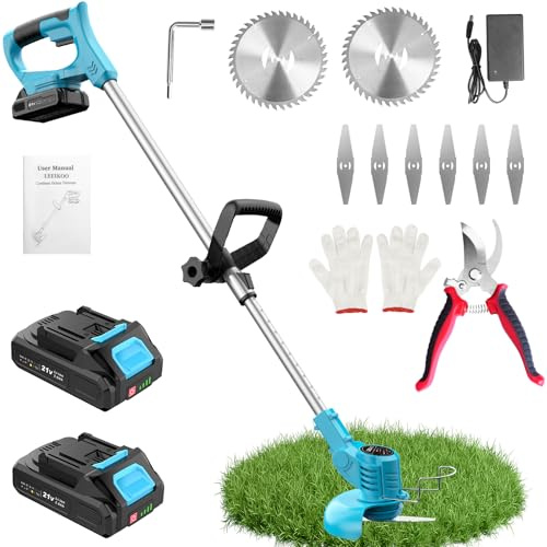 Decespugliatore a Batteria 21V, Tagliabordi a Batteria con 2 Batterie 2,0Ah, 2 Tipi di Lame in Metallo Tagliaerba Elettrico, Forbici Potatura, Angolazione Regolabili per Giardino Potatura (Blu)