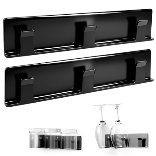 xyuayamz 2 Piezas Soporte Copas Colgante, Cuelga Copas de Vino, Autoadhesivo Cuelga Copa, Colgador Copa Sin Taladrar para Bar Cocina Restaurante, Negro