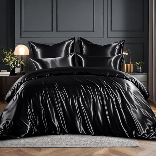RUIKASI Satin Bedding Set King Size - Silky Duvet Cover Set for Hair and Skin, 3 Piece Duvet Set Quilt Cover with 2 Pillowcases, 230x220cm Black