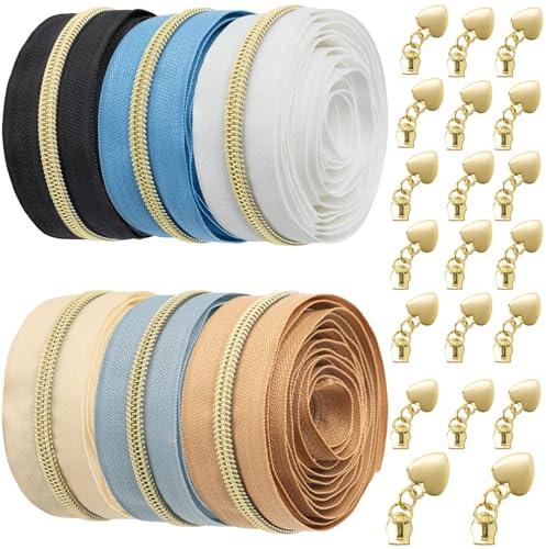 VOKABY 12m #5 Cerniera Lampo 6mm,6 Colori,2 m per Colore | Argento,Oro 12m Cerniera Lampo,Cerniere in Nylon per Cucito a Metro,con 20 Tiretti in Metallo