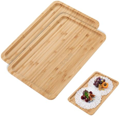 Family Pack 2 Bandeja de Bambú Rectangular 17×27 cm, Ideal para Servir, Cocina y Decoración, Fuende de Bambú para Comedor, Restaurante y Hostelería
