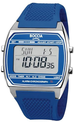 Boccia Titanium Digitaluhr 3738-02 Titan 37 mm blau, Unisex Quarz Armbanduhr mit PU Armband, Alarm Stoppuhr Timer Dualzeit, wasserdicht 5 bar, leicht und antiallergisch