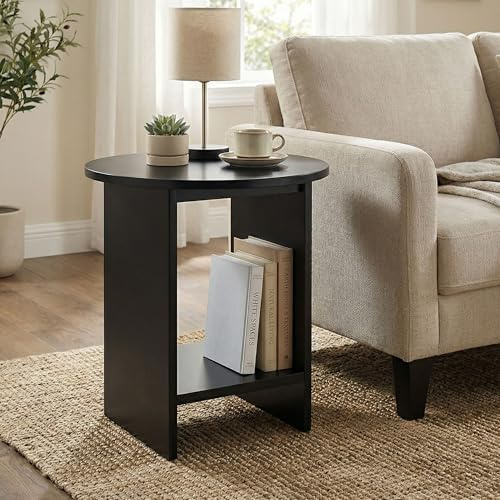 Blisswood Small Side Table, Round End Table with Storage Shelf, 2 Tier Bedside Table Nightstand for Living Room Bedroom, Modern Sofa End Lamp Accent Table, Painted Finish Home Office Furniture, Black