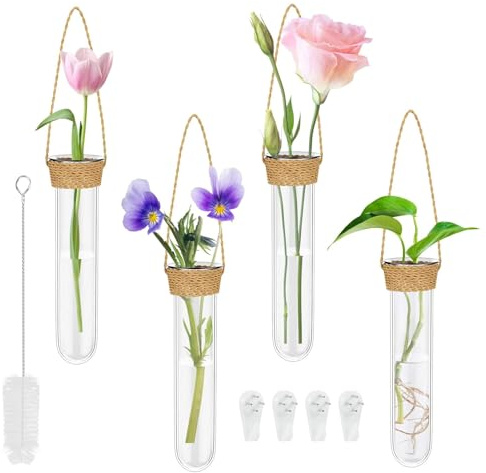Alriedy 4 tubos de ensayo para flores, jarrón de tubos de ensayo, decoración de primavera, ventana, tubo de agua, jarrón colgante de cristal decorativo con gancho y cepillo de limpieza, plantas