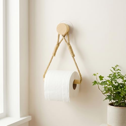 Rustic Toilet Paper Holder, Wood & Rope Toilet Paper Roll Holders with Self-Adhesive, Wall Mounted Creative Retro Toilets Tissue Holder Beach Themed Bathroom Accessories Towel Holders - No Punching